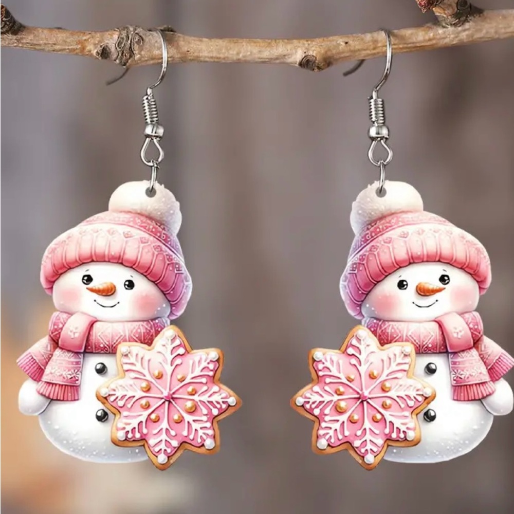 Pink Acrylic Snowman Snowflake Christmas Holiday Dangle Earrings
